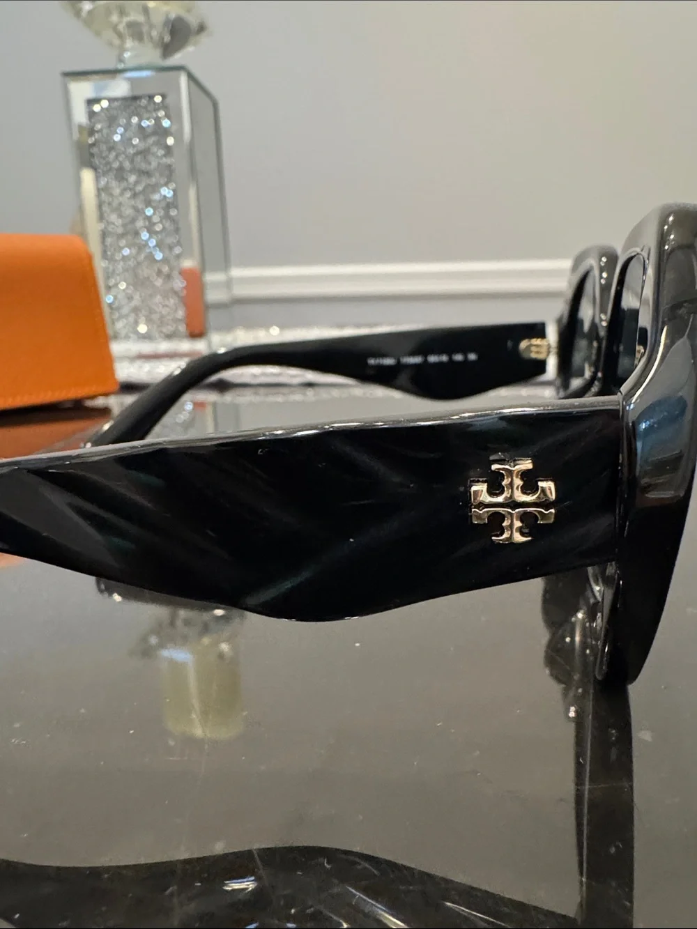 Tory Burch Black Oversized Geometric Sunglasses with Orange Case